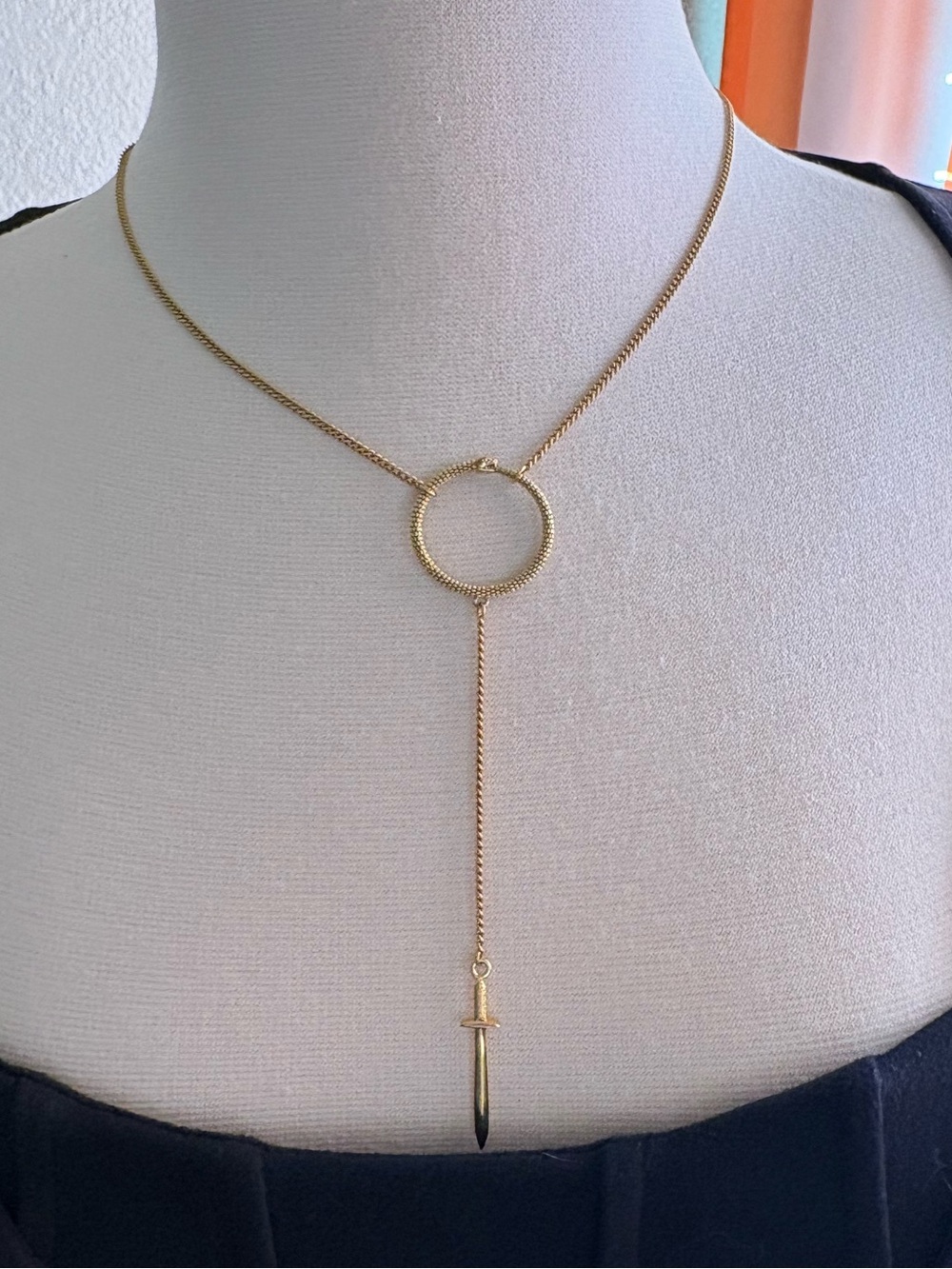 Gold Ring Drop Sword Pendant Lariat Necklace - Women Jewelry